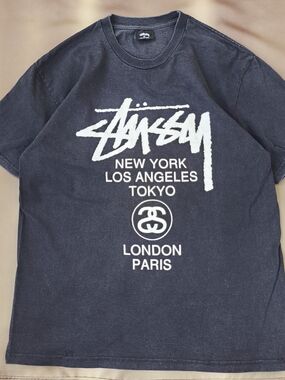 Stussy Faded World Tour Black Logo Graphic Tee Size Medium